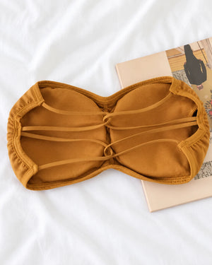 Strapless tube bra – Mustard, inside view with criss-cross back strings