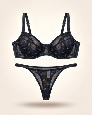 Black sheer mesh bra and thong set with blue bow print