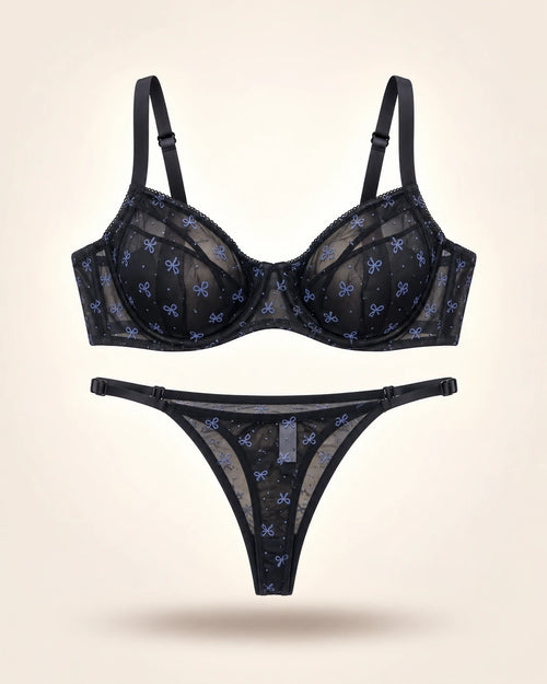 Black sheer mesh bra and thong set with blue bow print