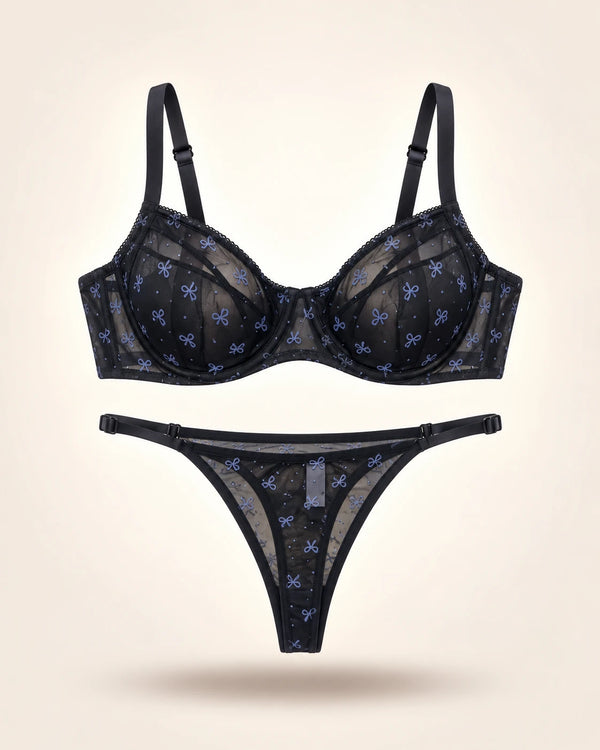 Black sheer mesh bra and thong set with blue bow print