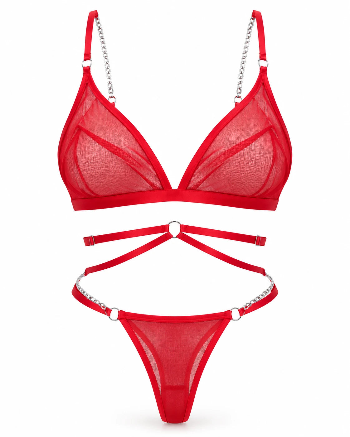Red mesh triangle bra and G-string with chain details on white