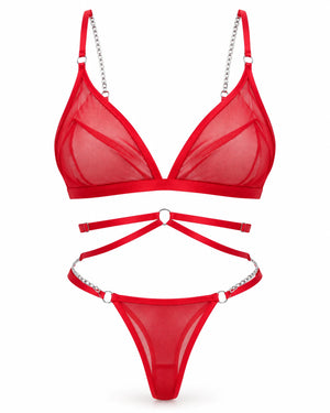 Red mesh triangle bra and G-string with chain details on white