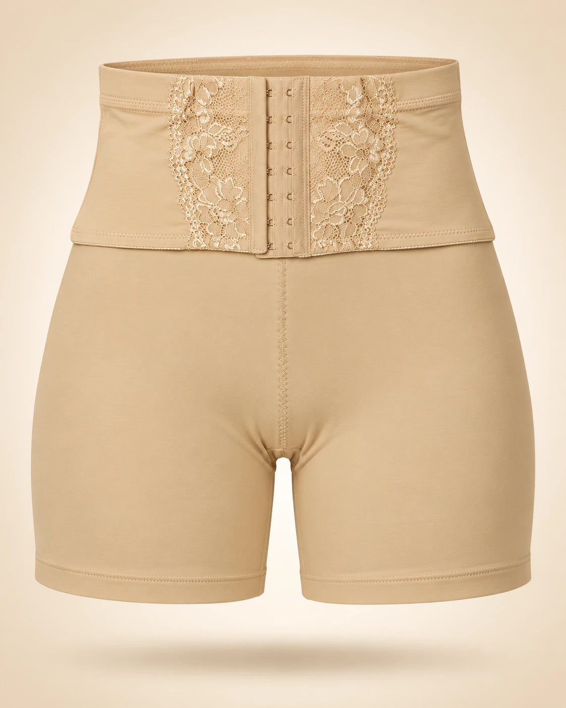 Skin hook-front lace tummy control shaper shorts, front view