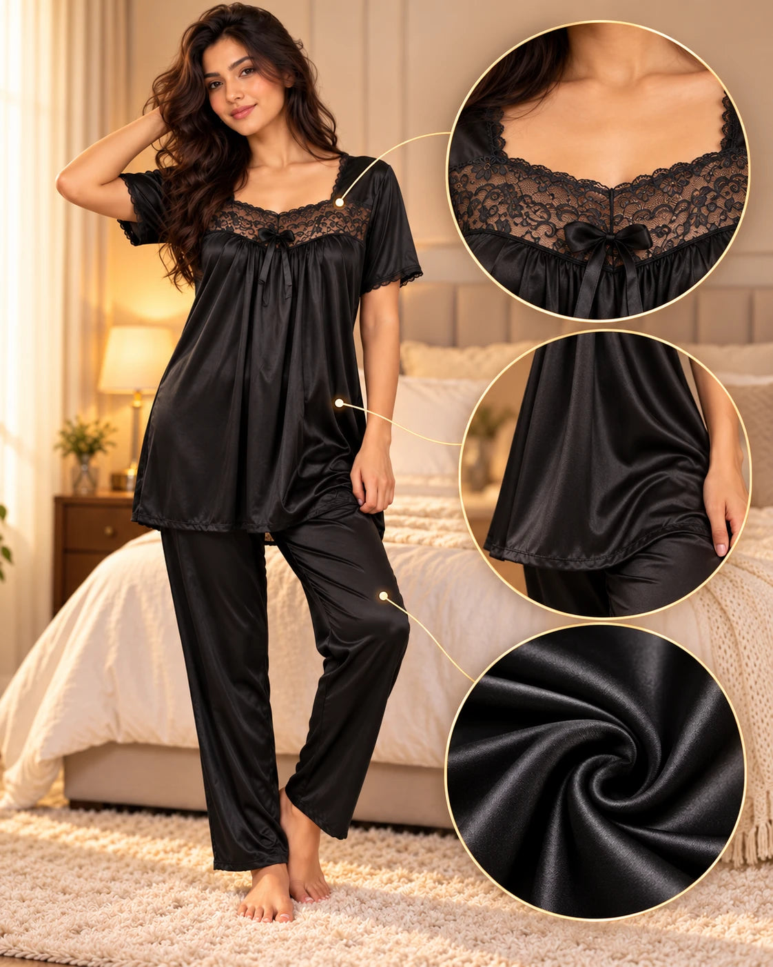 Vellure black satin night suit with lace yoke and bow, front view and fabric details