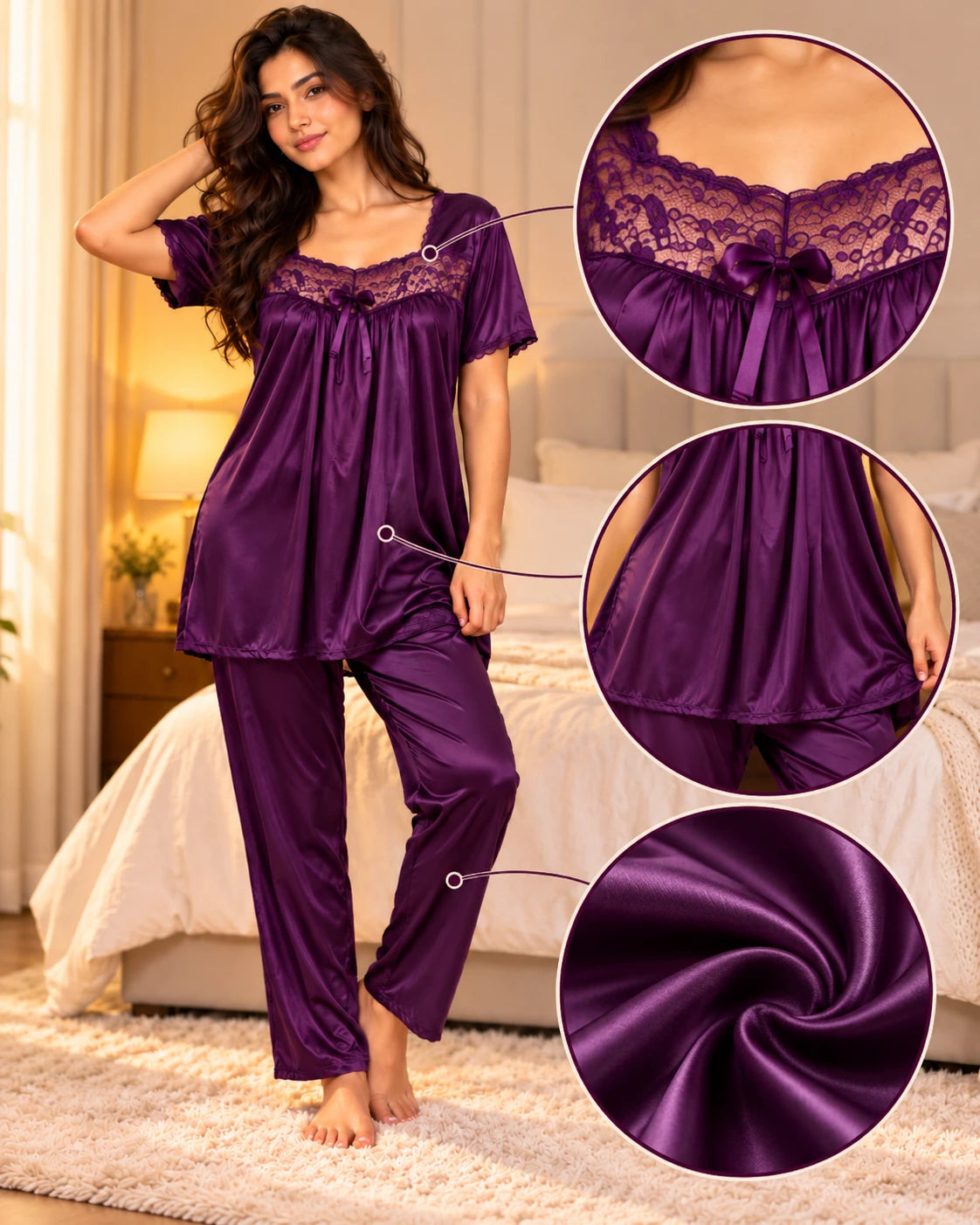 Vellure purple satin night suit with lace yoke and bow, front view and fabric details
