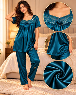 Vellure teal satin night suit with lace yoke and bow, front view and fabric details