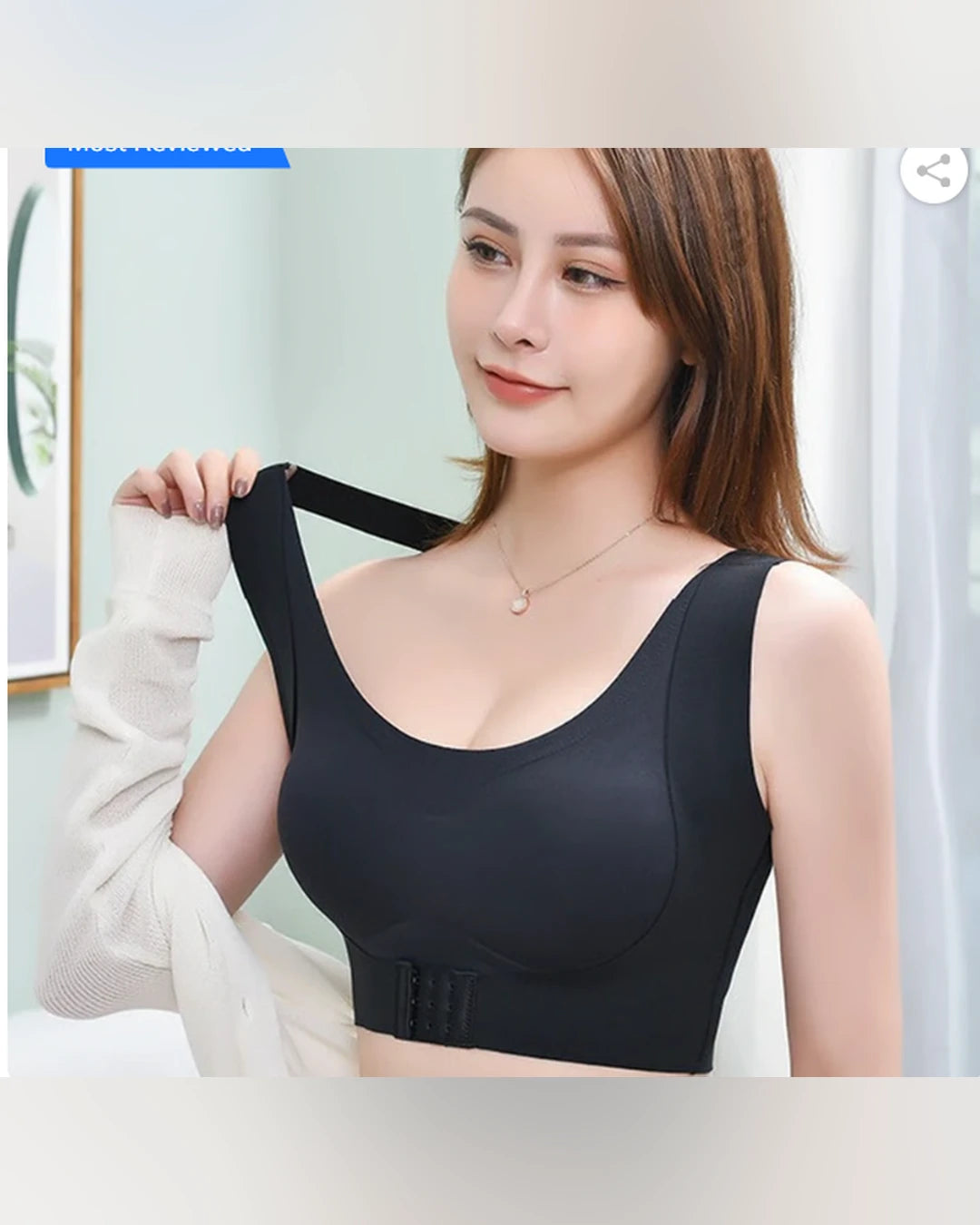 Posture support bra worn, showing wide straps and front closure