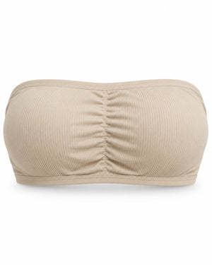 Ribbed strapless push-up bandeau bra in Beige