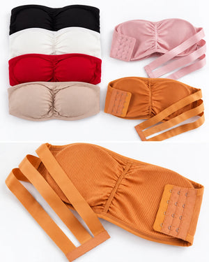 Ribbed strapless bandeau bra showing padded cups and hook-and-eye back closure