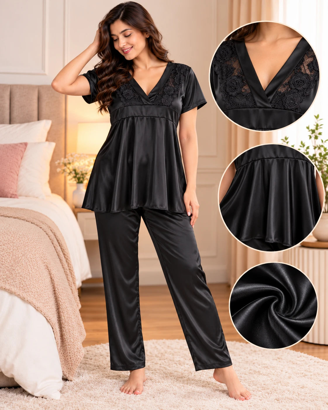Vellure black satin night suit with rose lace V-neck, front view and fabric details