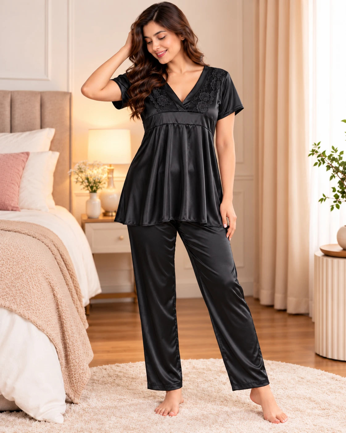 Vellure black satin night suit with rose lace V-neck, full length standing view