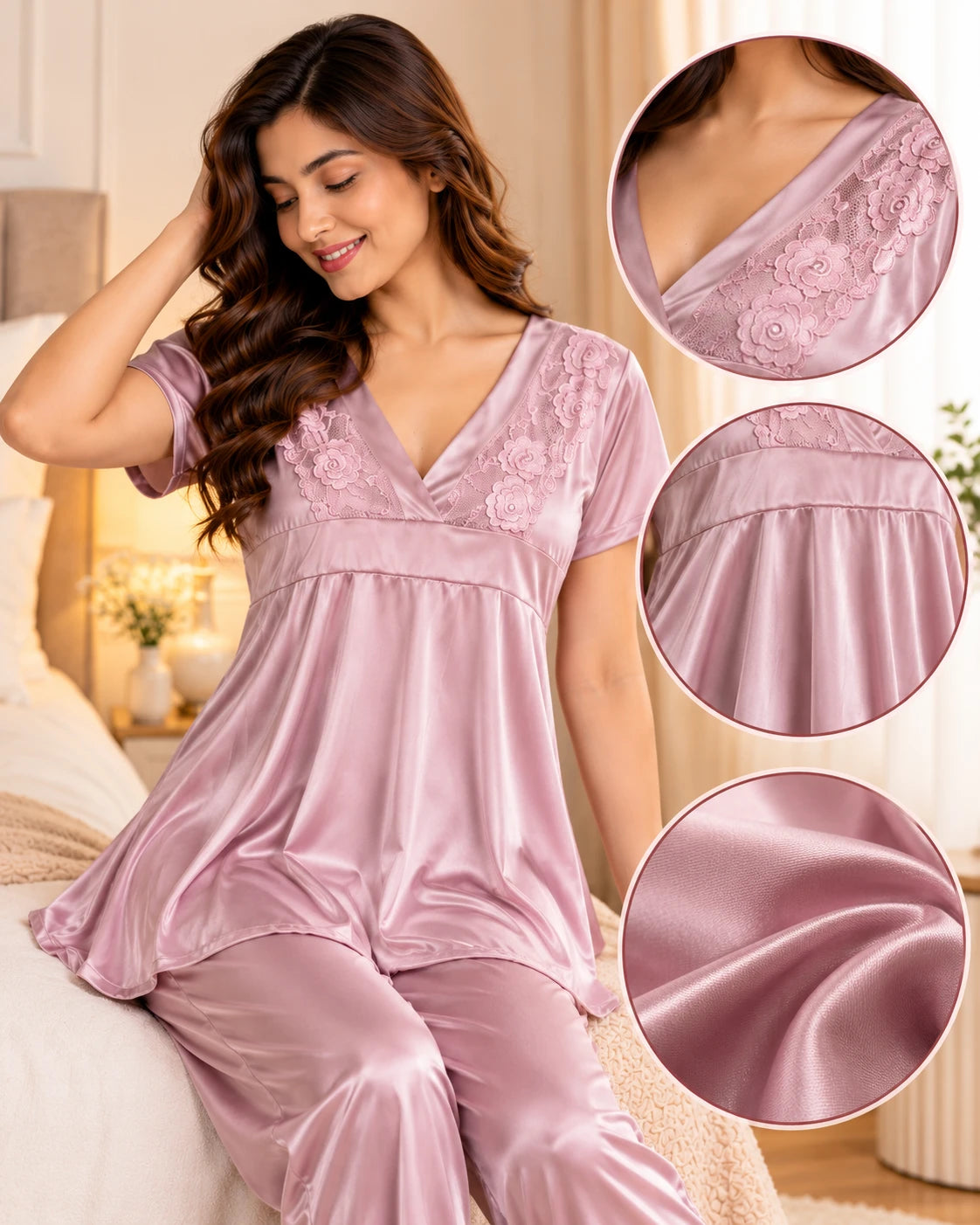 Vellure mauve pink satin night suit with rose lace V-neck, close view and fabric details