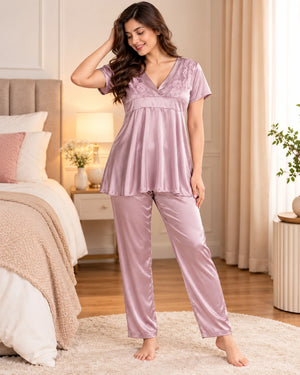 Vellure mauve pink satin night suit with rose lace V-neck, full length standing view