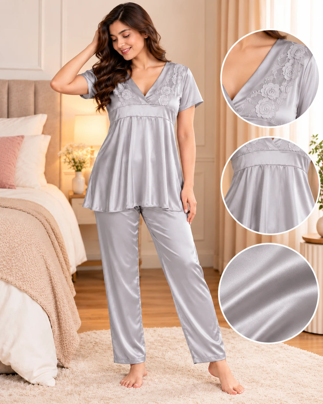 Vellure silver grey satin night suit with rose lace V-neck, front view and fabric details