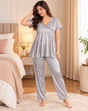 Vellure silver grey satin night suit with rose lace V-neck, full length standing view
