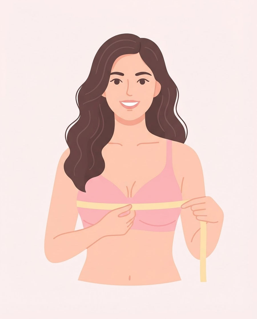 Illustration of a woman measuring her bust with a measuring tape